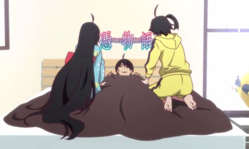 Tsukihi and Karen kneeling on Koyomi Araragi's bed