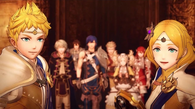 Rowan and Lianna are in the foreground, while Robin, Frederick, Chrom, Owain, Lissa, and Cordelia stand far behind them in the background.
