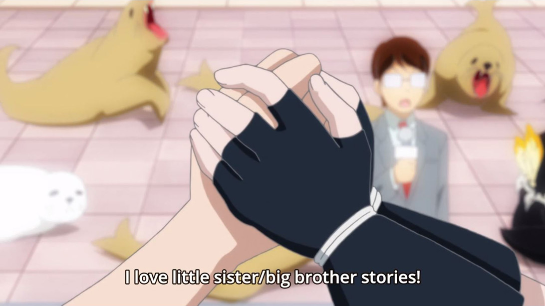 A pair of hands clasping another with subtitle text that says 'I love little sister/big brother stories!'